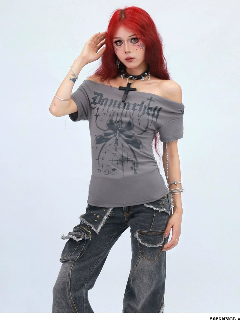 NANAICHILLI Moisture Wicking Cotton Stretch Slim Fit Street Cross Print Boat Neck T-Shirt