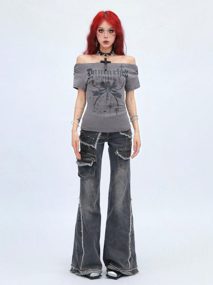 NANAICHILLI Moisture Wicking Cotton Stretch Slim Fit Street Cross Print Boat Neck T-Shirt