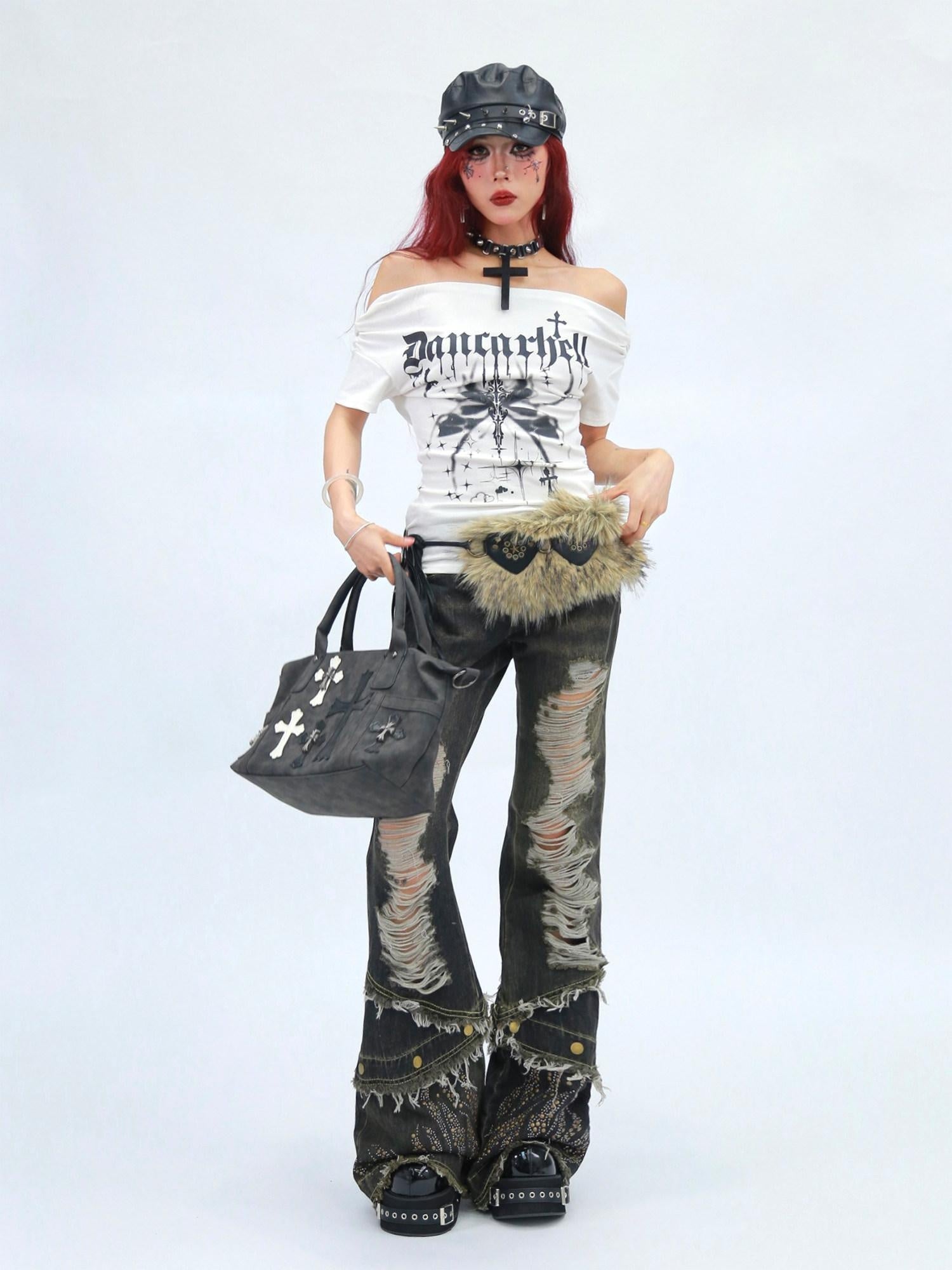 NANAICHILLI Moisture Wicking Cotton Stretch Slim Fit Street Cross Print Boat Neck T-Shirt