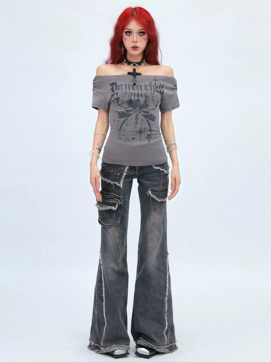 NANAICHILLI Moisture Wicking Cotton Stretch Slim Fit Street Cross Print Boat Neck T-Shirt