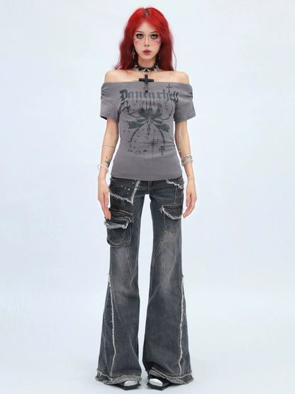 NANAICHILLI Moisture Wicking Cotton Stretch Slim Fit Street Cross Print Boat Neck T-Shirt