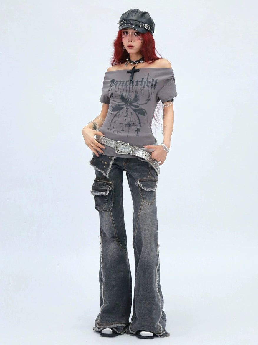 NANAICHILLI Moisture Wicking Cotton Stretch Slim Fit Street Cross Print Boat Neck T-Shirt