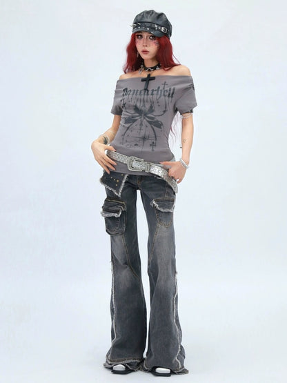 NANAICHILLI Moisture Wicking Cotton Stretch Slim Fit Street Cross Print Boat Neck T-Shirt