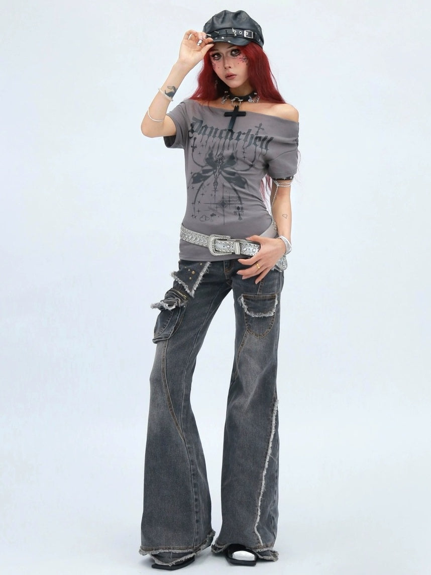 NANAICHILLI Moisture Wicking Cotton Stretch Slim Fit Street Cross Print Boat Neck T-Shirt