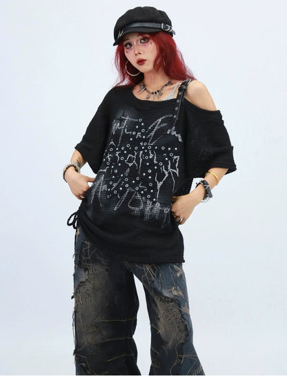 NANAICHILLI Moisture Wicking Loose Fit Street Angled Neckline Geometric Print T-Shirt