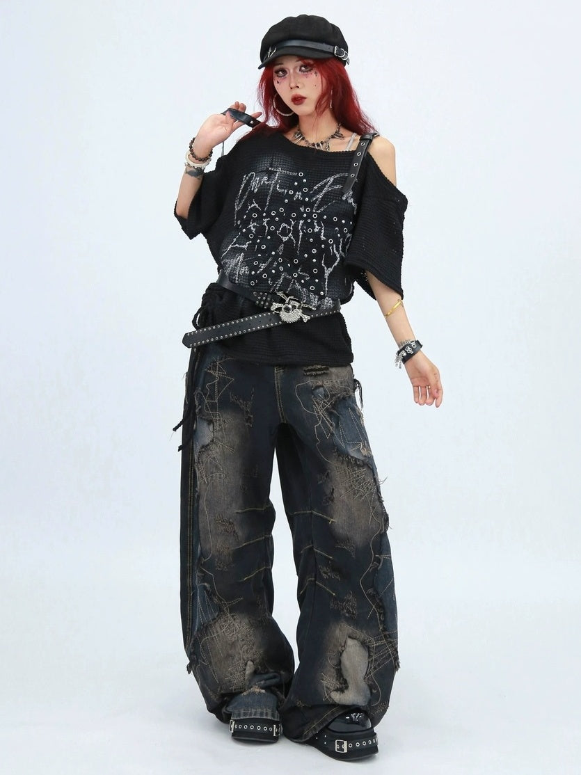 NANAICHILLI Moisture Wicking Loose Fit Street Angled Neckline Geometric Print T-Shirt