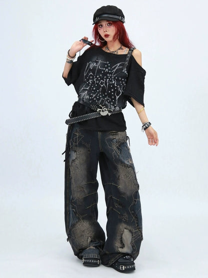 NANAICHILLI Moisture Wicking Loose Fit Street Angled Neckline Geometric Print T-Shirt