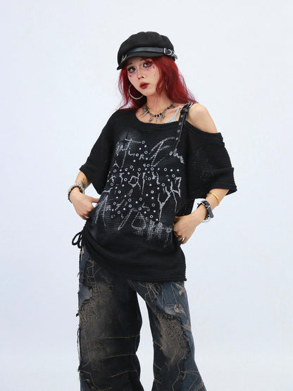 NANAICHILLI Moisture Wicking Loose Fit Street Angled Neckline Geometric Print T-Shirt