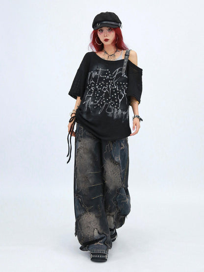 NANAICHILLI Moisture Wicking Loose Fit Street Angled Neckline Geometric Print T-Shirt