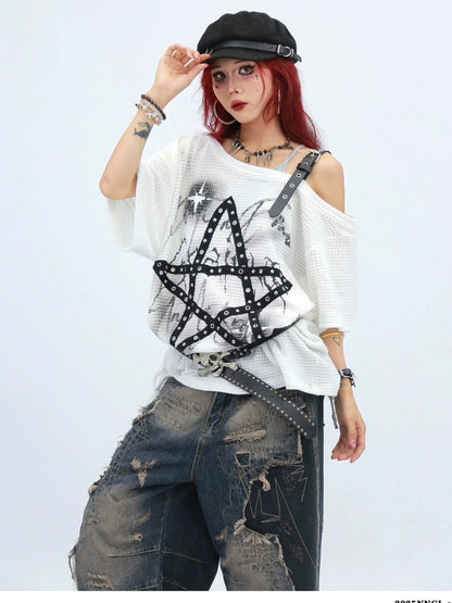 NANAICHILLI Moisture Wicking Loose Fit Street Angled Neckline Geometric Print T-Shirt