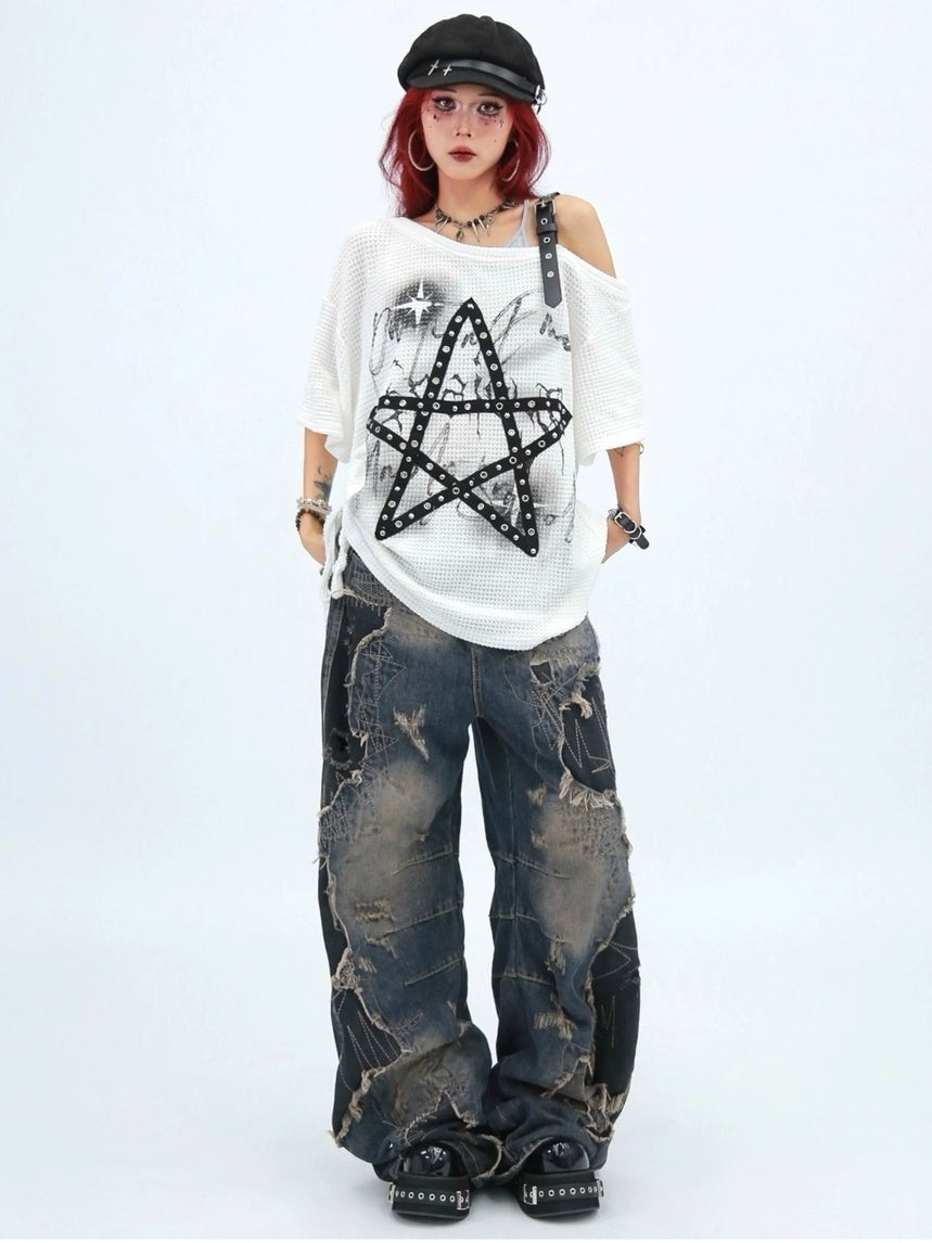 NANAICHILLI Moisture Wicking Loose Fit Street Angled Neckline Geometric Print T-Shirt