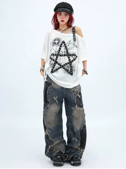 NANAICHILLI Moisture Wicking Loose Fit Street Angled Neckline Geometric Print T-Shirt