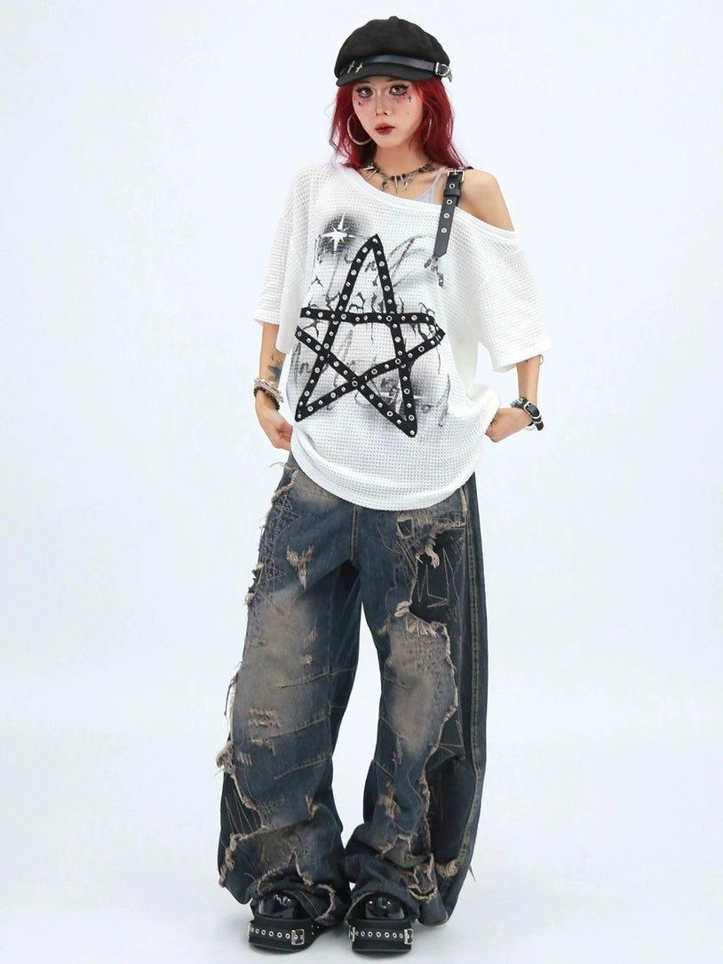 NANAICHILLI Moisture Wicking Loose Fit Street Angled Neckline Geometric Print T-Shirt