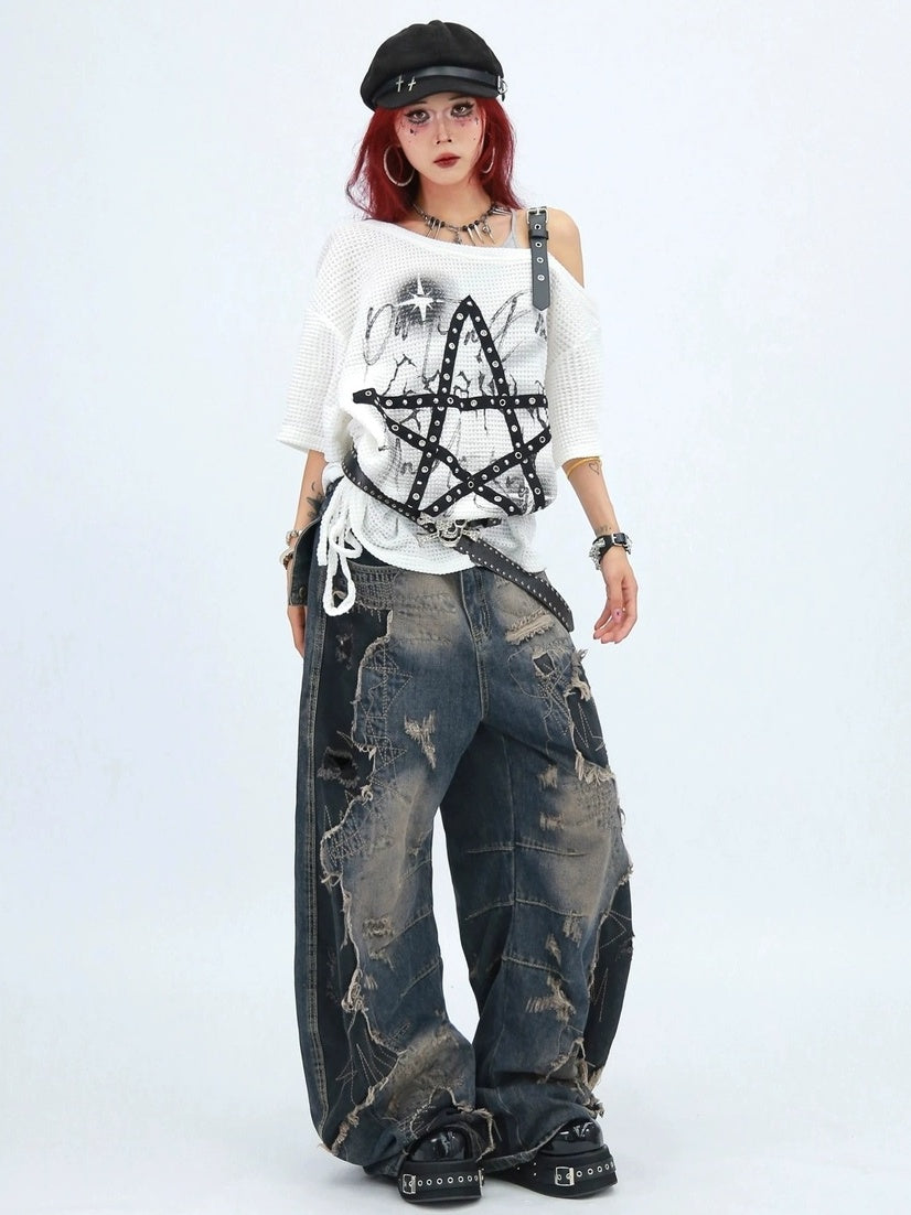 NANAICHILLI Moisture Wicking Loose Fit Street Angled Neckline Geometric Print T-Shirt