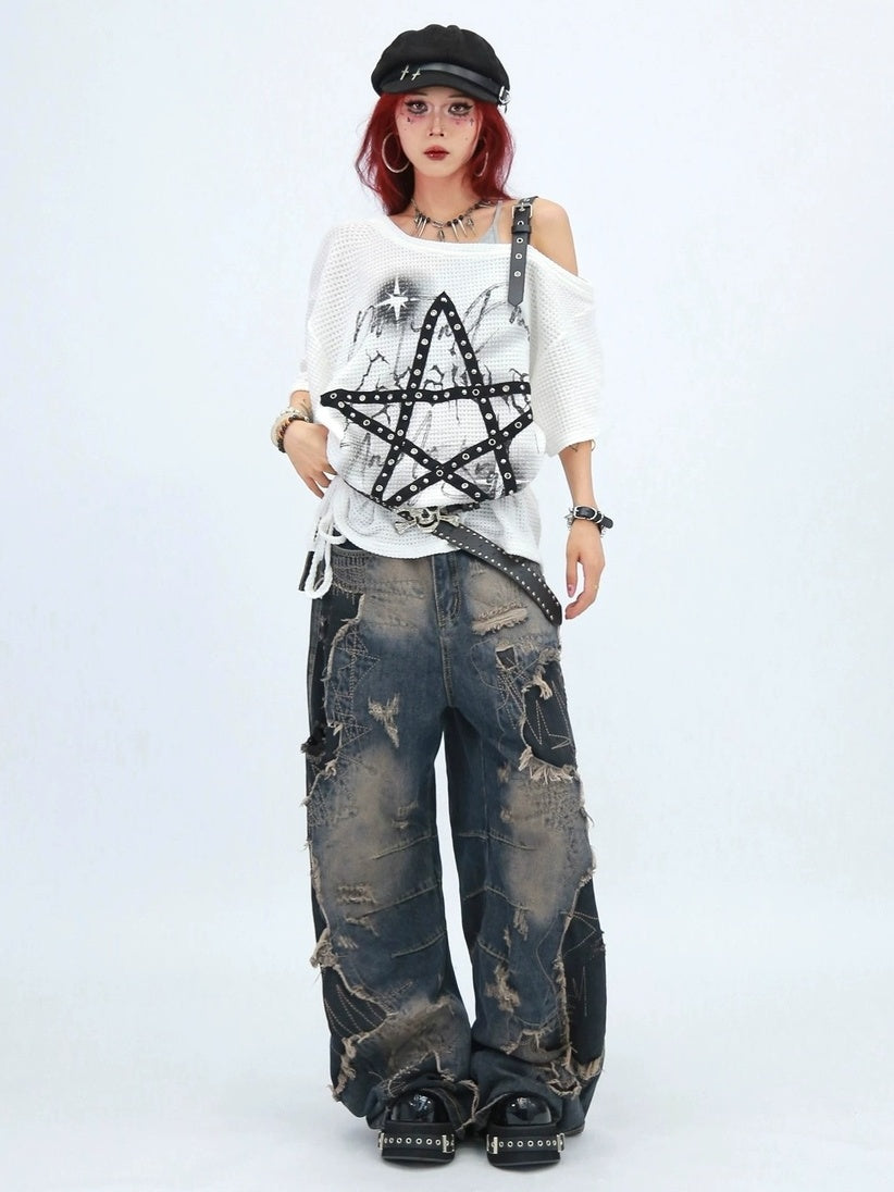 NANAICHILLI Moisture Wicking Loose Fit Street Angled Neckline Geometric Print T-Shirt