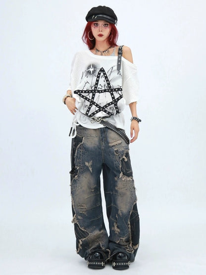 NANAICHILLI Moisture Wicking Loose Fit Street Angled Neckline Geometric Print T-Shirt