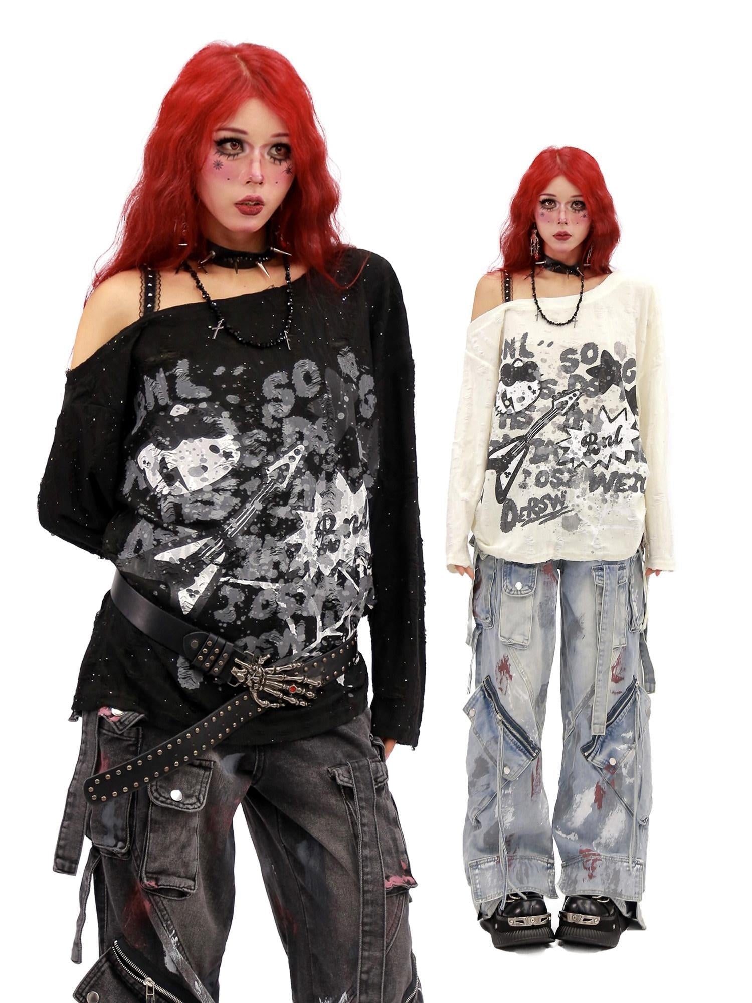 NANAICHILLI Moisture Wicking Music Rock Print Loose Fit Sexy Girl Beige Long Sleeve T-Shirt