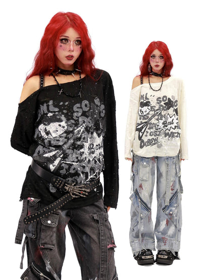 NANAICHILLI Moisture Wicking Music Rock Print Loose Fit Sexy Girl Beige Long Sleeve T-Shirt