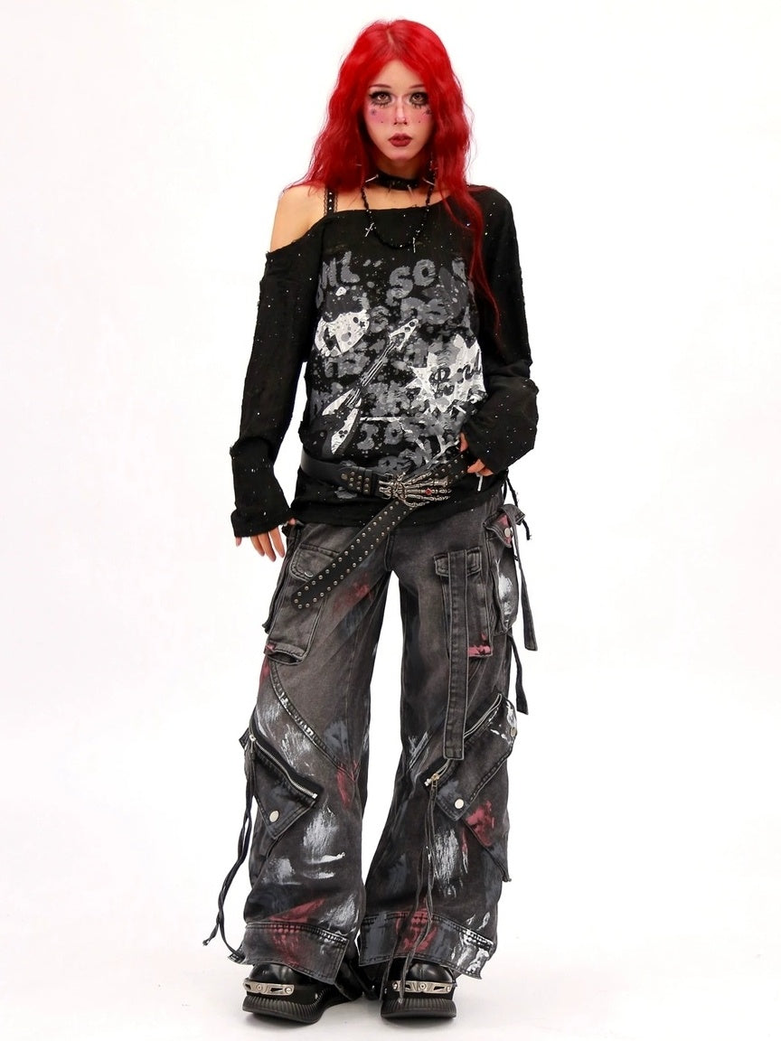 NANAICHILLI Moisture Wicking Music Rock Print Loose Fit Sexy Girl Beige Long Sleeve T-Shirt