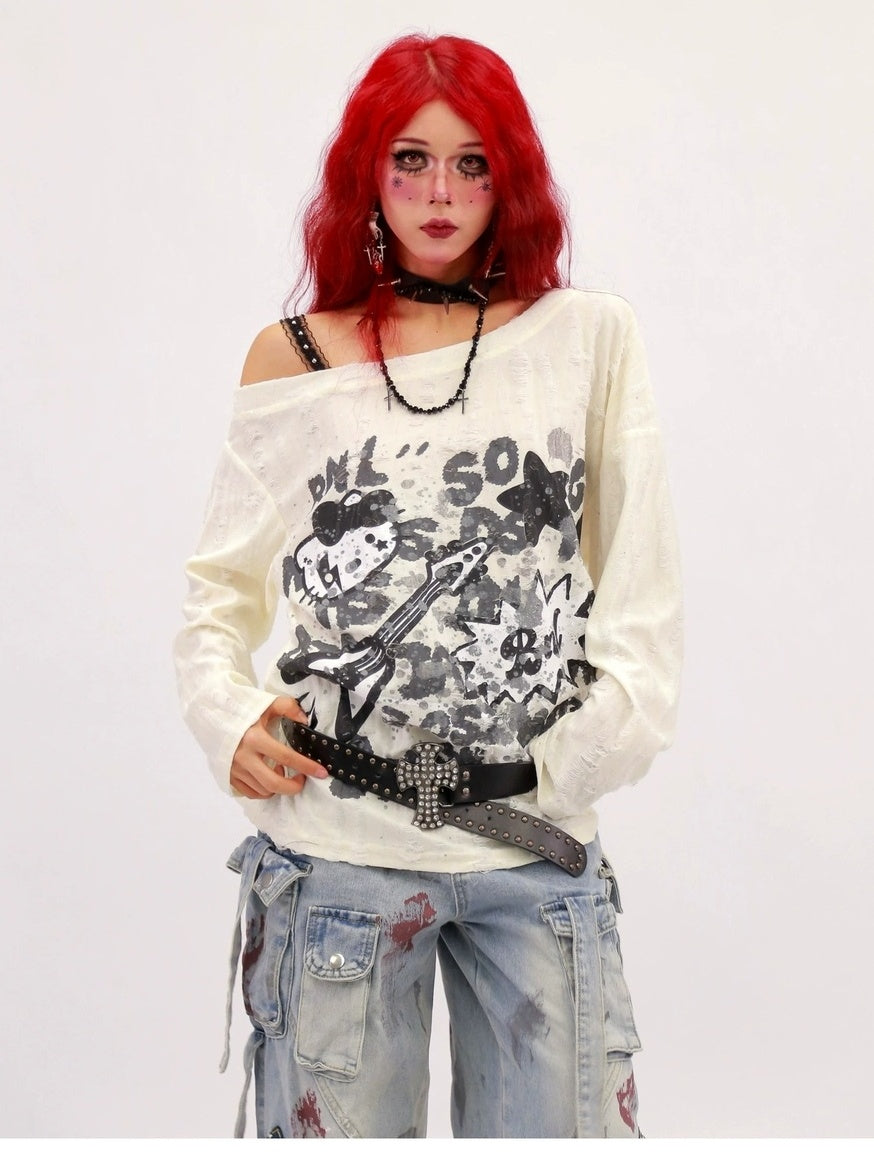 NANAICHILLI Moisture Wicking Music Rock Print Loose Fit Sexy Girl Beige Long Sleeve T-Shirt