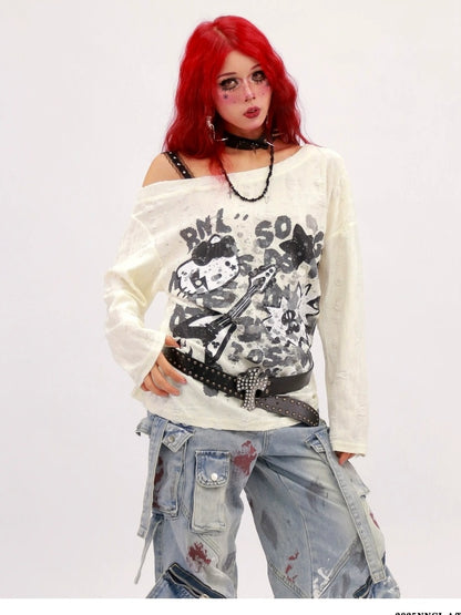 NANAICHILLI Moisture Wicking Music Rock Print Loose Fit Sexy Girl Beige Long Sleeve T-Shirt