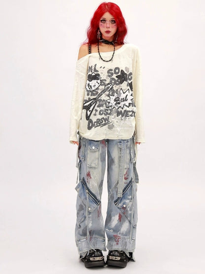 NANAICHILLI Moisture Wicking Music Rock Print Loose Fit Sexy Girl Beige Long Sleeve T-Shirt