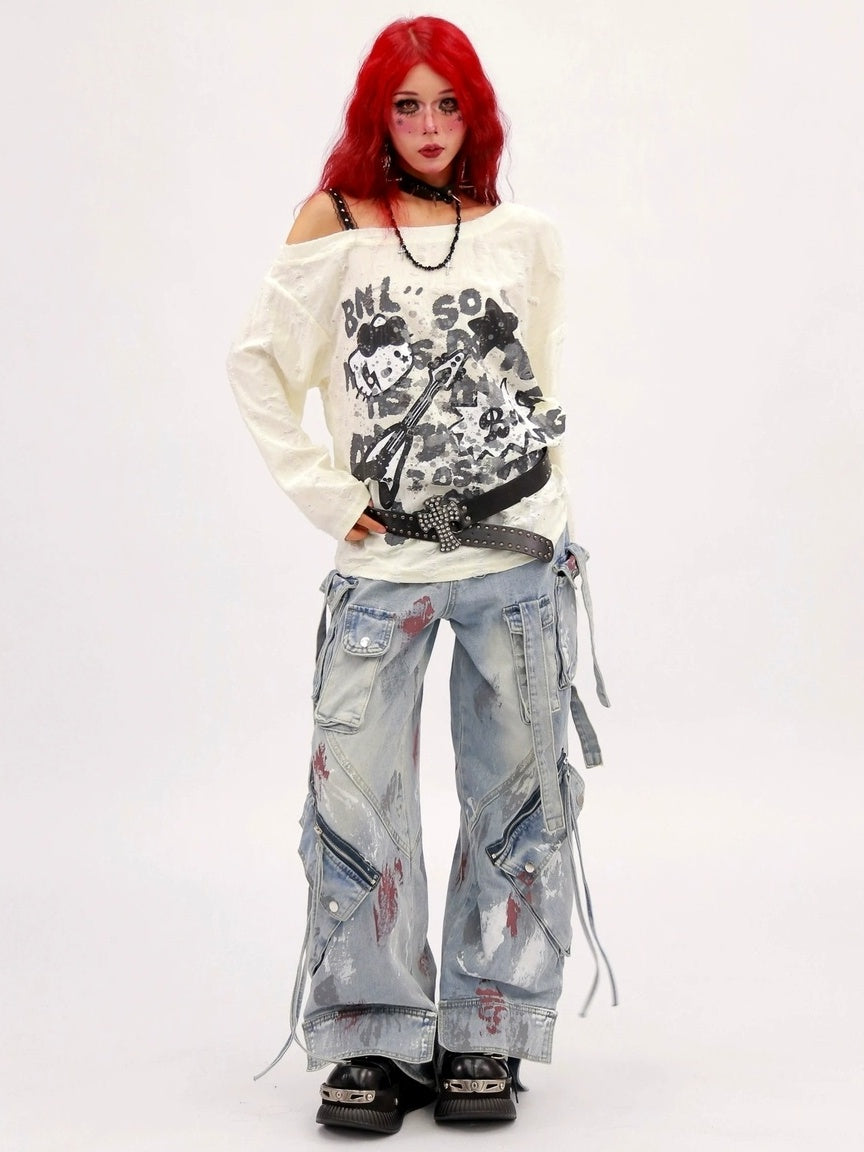 NANAICHILLI Moisture Wicking Music Rock Print Loose Fit Sexy Girl Beige Long Sleeve T-Shirt