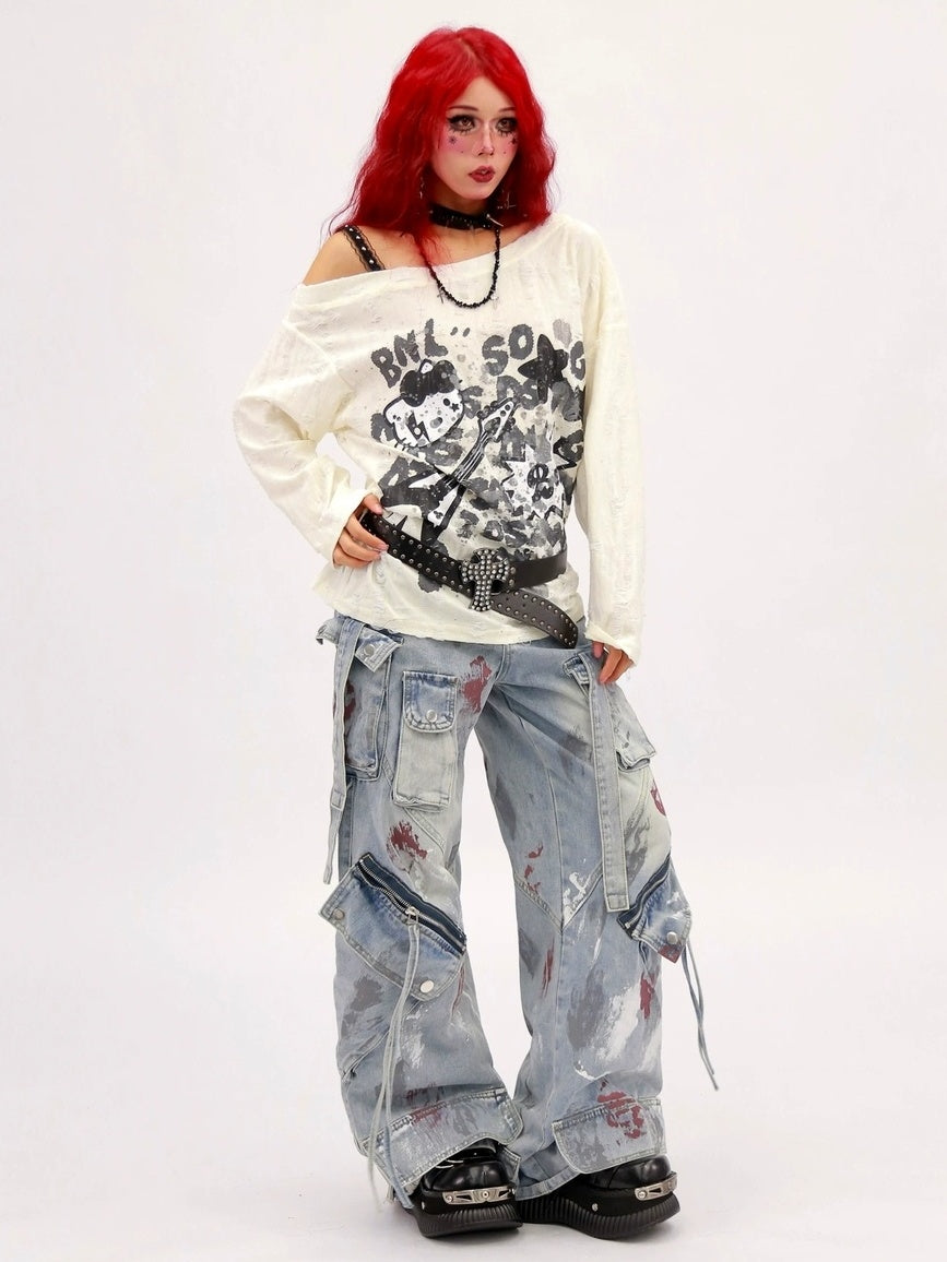 NANAICHILLI Moisture Wicking Music Rock Print Loose Fit Sexy Girl Beige Long Sleeve T-Shirt