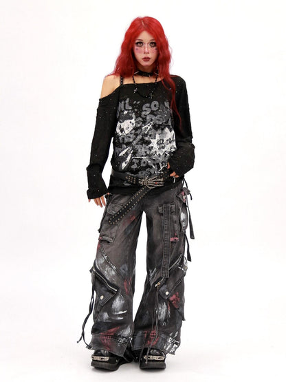 NANAICHILLI Moisture Wicking Music Rock Print Loose Fit Sexy Girl Beige Long Sleeve T-Shirt