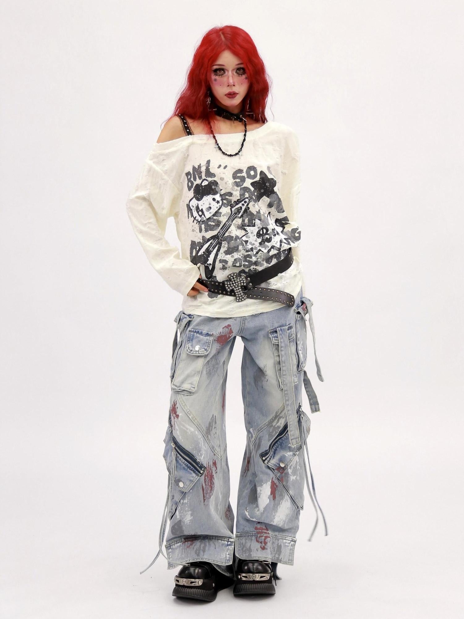 NANAICHILLI Moisture Wicking Music Rock Print Loose Fit Sexy Girl Beige Long Sleeve T-Shirt