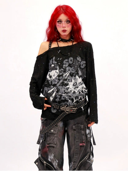 NANAICHILLI Moisture Wicking Music Rock Print Loose Fit Sexy Girl Beige Long Sleeve T-Shirt