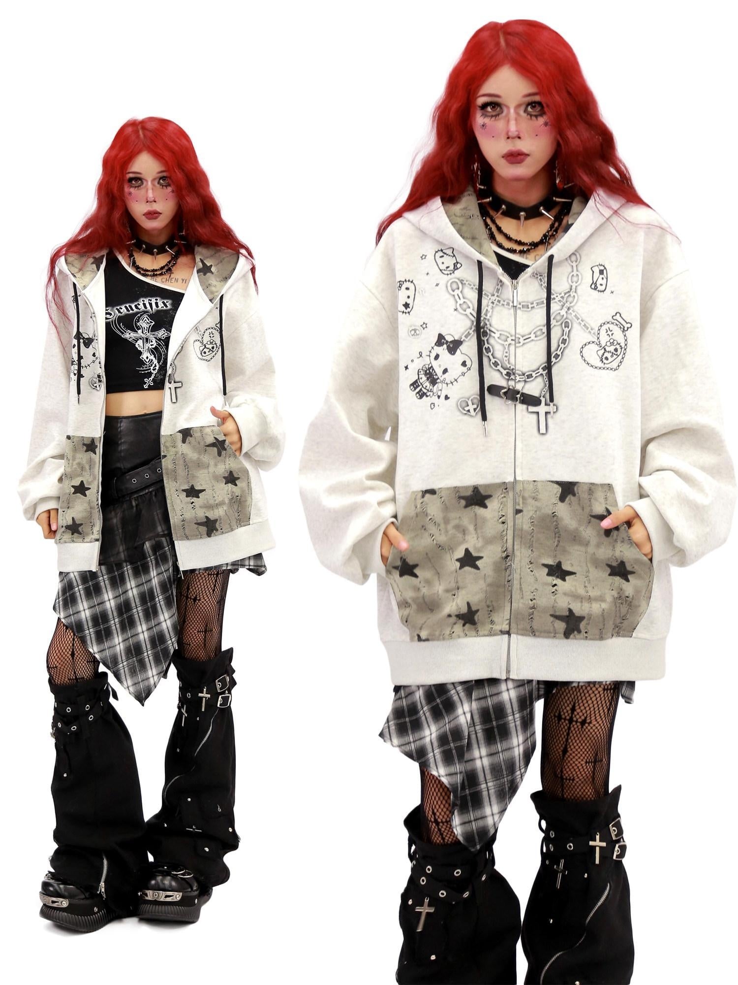 NANAICHILLI Oversized Cartoon Graphic Zip Up Street Style Hooded Beige Black Gray Hoodies