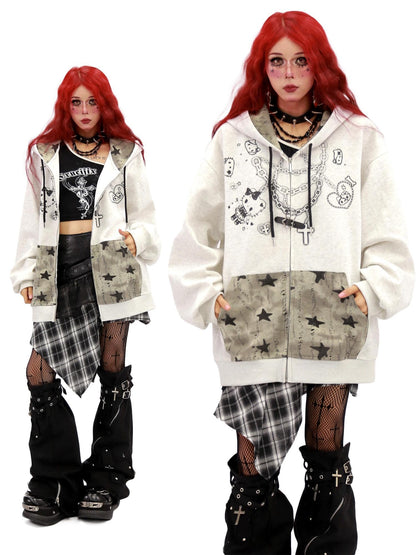 NANAICHILLI Oversized Cartoon Graphic Zip Up Street Style Hooded Beige Black Gray Hoodies