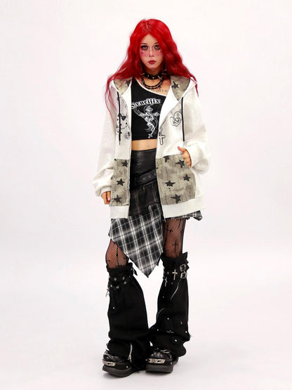 NANAICHILLI Oversized Cartoon Graphic Zip Up Street Style Hooded Beige Black Gray Hoodies