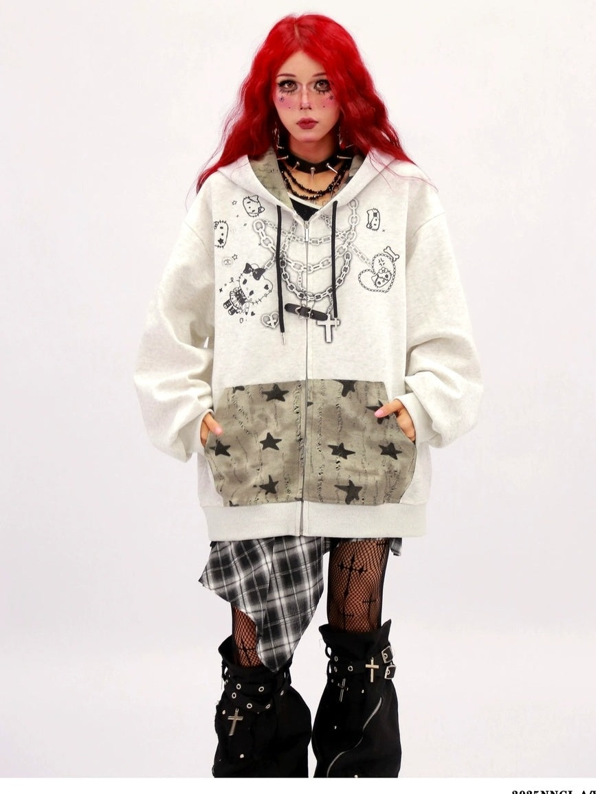NANAICHILLI Oversized Cartoon Graphic Zip Up Street Style Hooded Beige Black Gray Hoodies