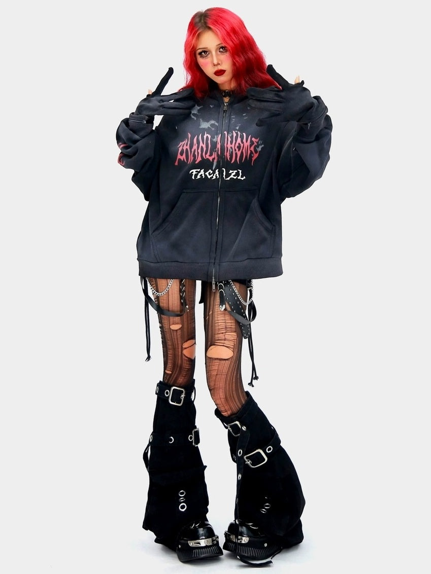 NANAICHILLI Oversized Relaxed Fit Zip Up Street Style Long Sleeve Red Black Gray Hoodies