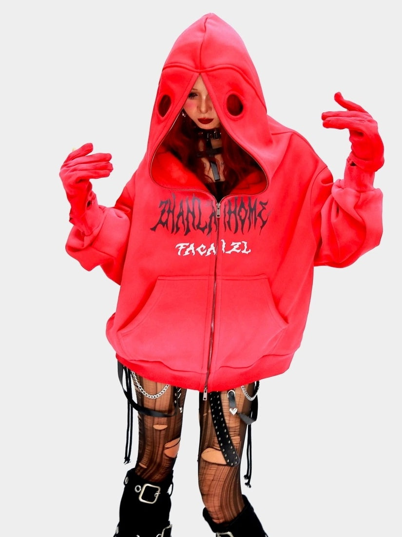 NANAICHILLI Oversized Relaxed Fit Zip Up Street Style Long Sleeve Red Black Gray Hoodies