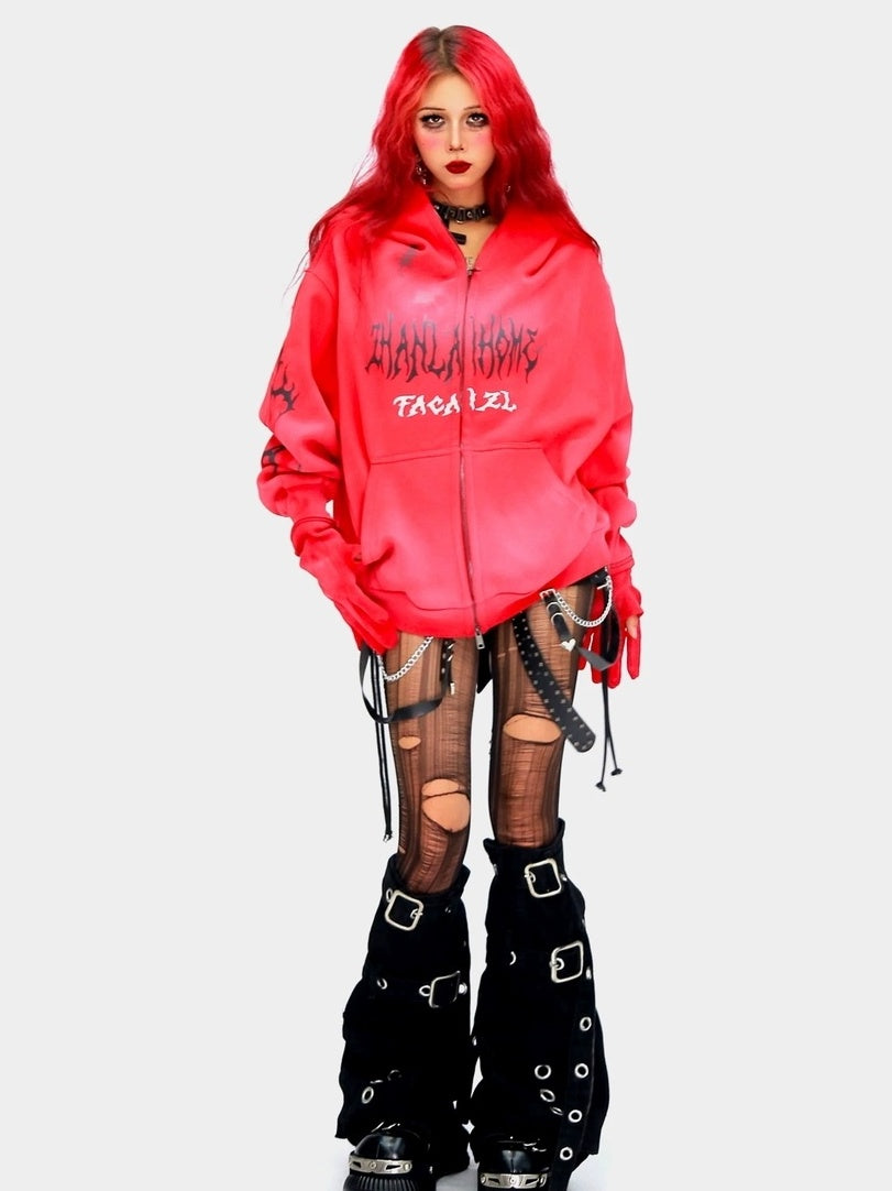 NANAICHILLI Oversized Relaxed Fit Zip Up Street Style Long Sleeve Red Black Gray Hoodies