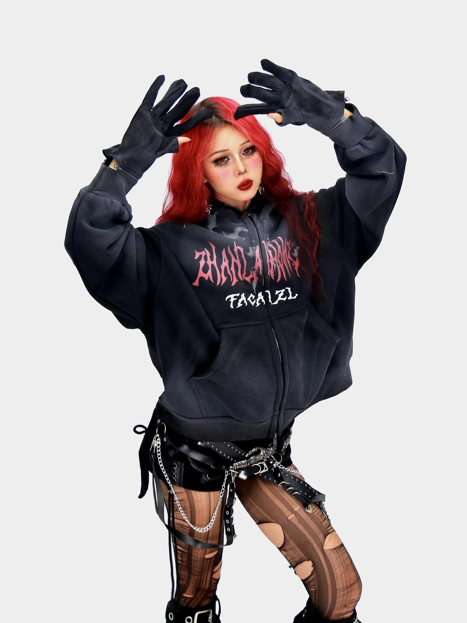 NANAICHILLI Oversized Relaxed Fit Zip Up Street Style Long Sleeve Red Black Gray Hoodies