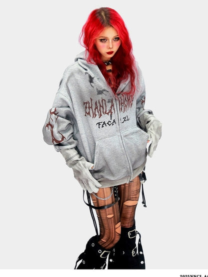 NANAICHILLI Oversized Relaxed Fit Zip Up Street Style Long Sleeve Red Black Gray Hoodies