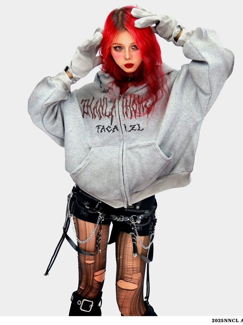 NANAICHILLI Oversized Relaxed Fit Zip Up Street Style Long Sleeve Red Black Gray Hoodies