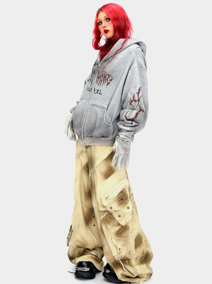 NANAICHILLI Oversized Relaxed Fit Zip Up Street Style Long Sleeve Red Black Gray Hoodies