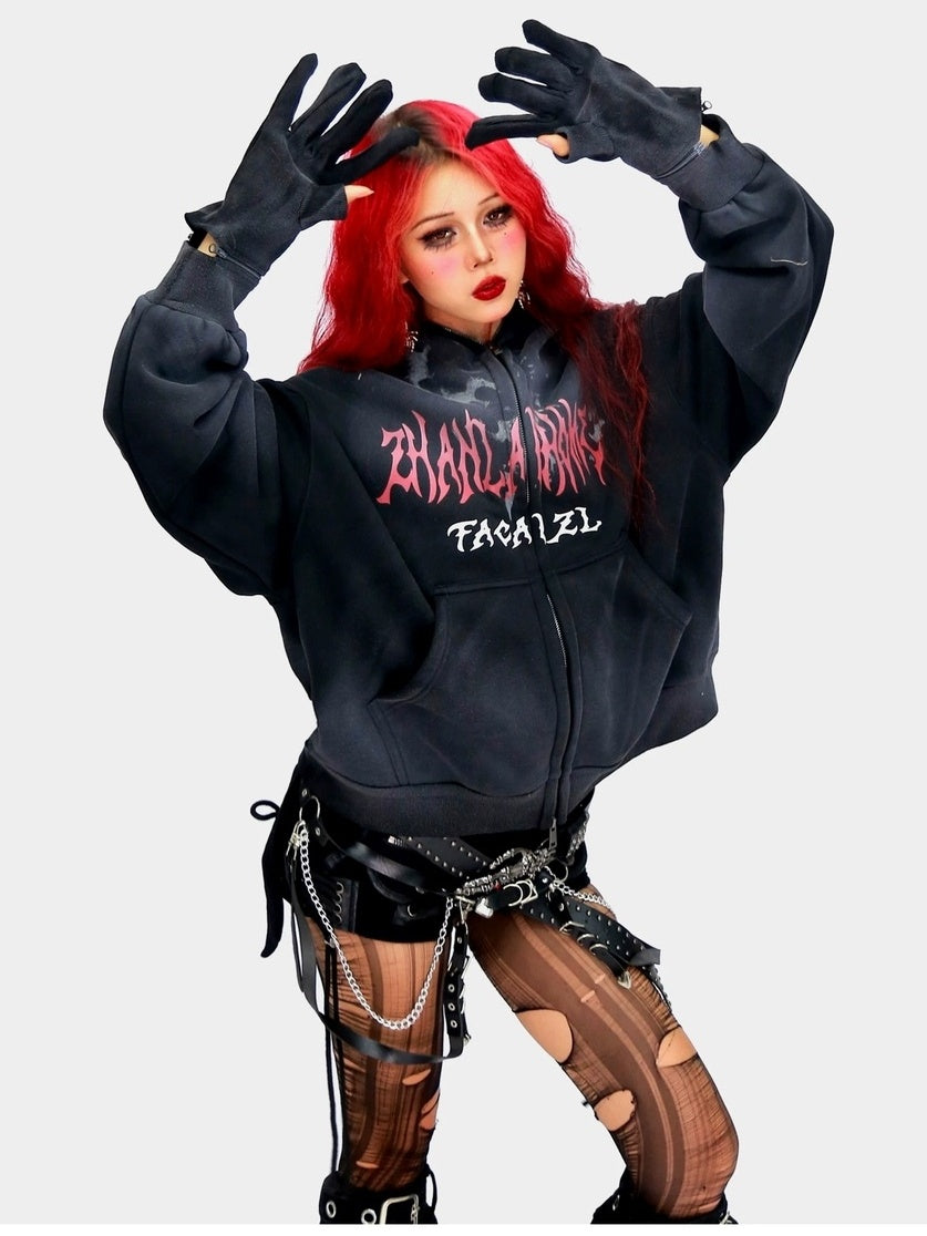 NANAICHILLI Oversized Relaxed Fit Zip Up Street Style Long Sleeve Red Black Gray Hoodies