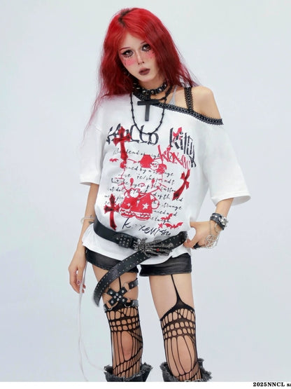 NANAICHILLI Printed Creative Streetwear Loose Fit Crewneck Cotton Black T-Shirt