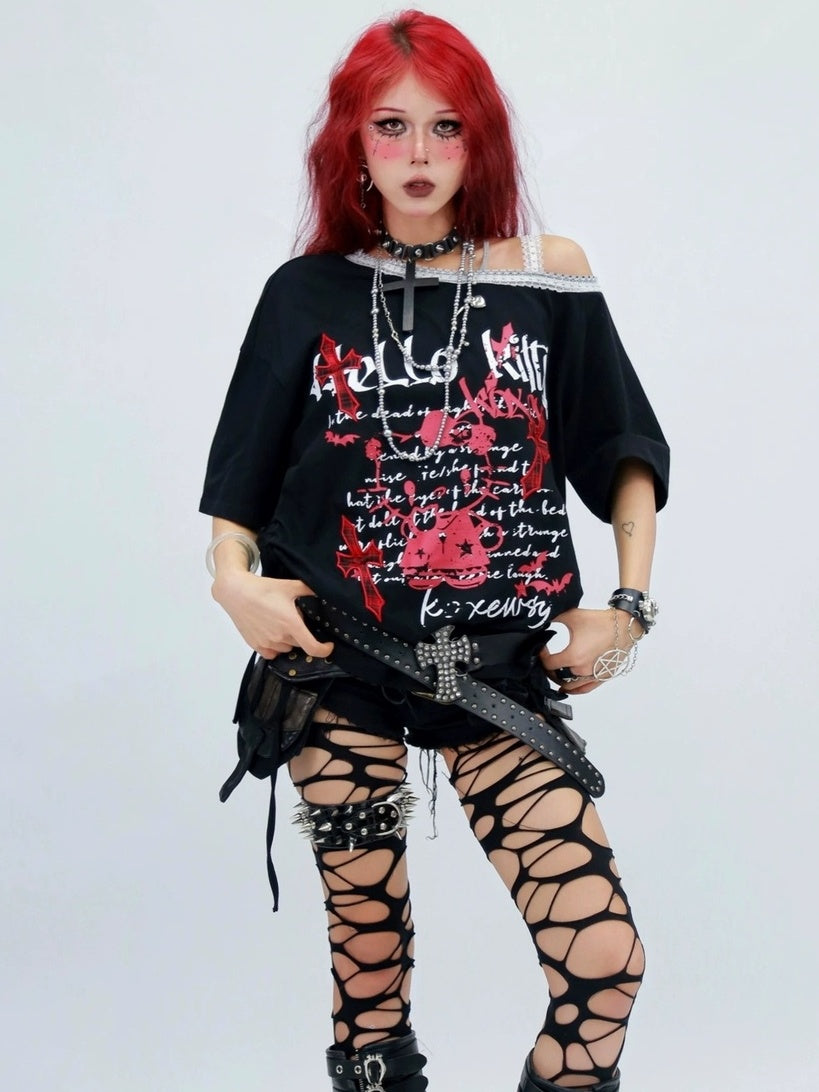 NANAICHILLI Printed Creative Streetwear Loose Fit Crewneck Cotton Black T-Shirt