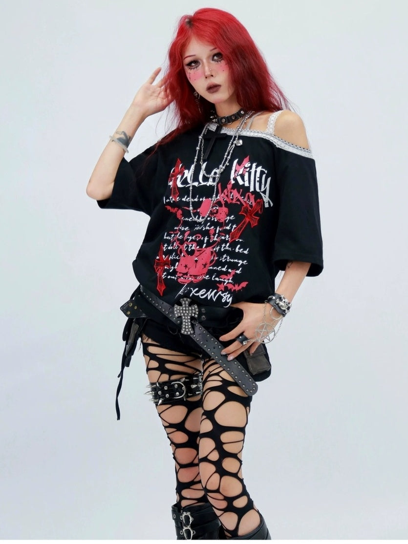 NANAICHILLI Printed Creative Streetwear Loose Fit Crewneck Cotton Black T-Shirt