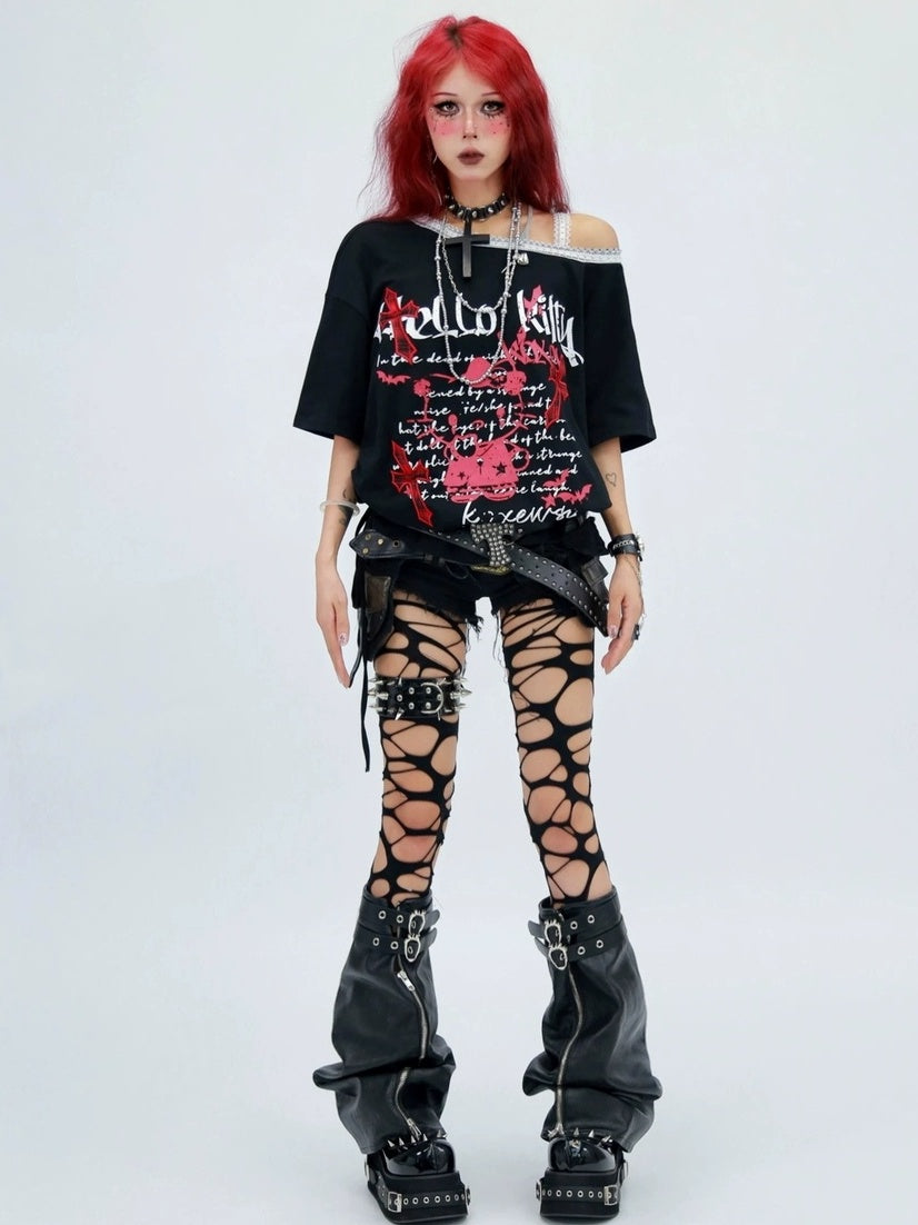 NANAICHILLI Printed Creative Streetwear Loose Fit Crewneck Cotton Black T-Shirt