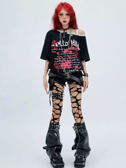 NANAICHILLI Printed Creative Streetwear Loose Fit Crewneck Cotton Black T-Shirt