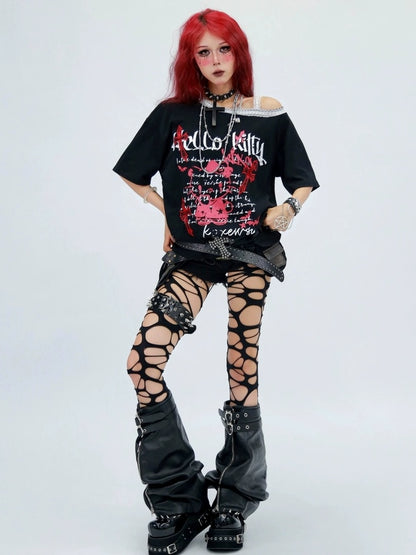 NANAICHILLI Printed Creative Streetwear Loose Fit Crewneck Cotton Black T-Shirt