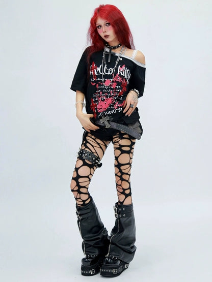 NANAICHILLI Printed Creative Streetwear Loose Fit Crewneck Cotton Black T-Shirt